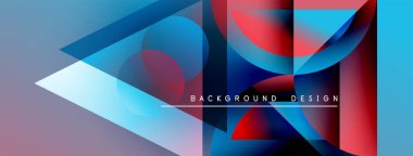 Soyut geometrik şekiller örtüşüyor, canlı renk eğimleri yaratıyor. Tasarım mavi, kırmızı, mor renklere sahiptir. Metin arkaplan tasarımı okur.