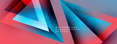 Soyut geometrik şekiller çakışıyor. Kırmızı, mavi, mor renkler dinamik görsel efekt yaratır. Modern tasarım ögeleri parlak kompozisyon sunar.