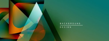 Soyut geometrik şekiller örtüşüyor, canlı renk eğimleri yaratıyor. Tasarımda deniz mavisi, turuncu, kırmızı renkler var. Modern arkaplan ögesi.