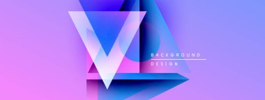 Soyut geometrik tasarım. Canlı mor, mavi eğimli katmanlı üçgen şekiller yaratır. Modern estetik, arka planlar ve sunumlar için uygun..