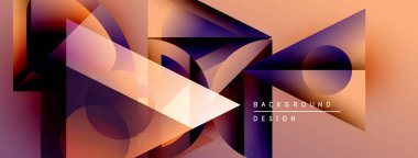 Soyut geometrik şekiller çakışıyor, dinamik gradyanlar yaratıyor. Sıcak renkler baskın, mor aksanlı. Arka planlar için modern tasarım ögesi.