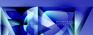 Soyut geometrik şekiller, mavi renkler tasarımda baskın. Modern estetik, gradyanlar derinlik yaratır, metin arka plan tasarımı okur.