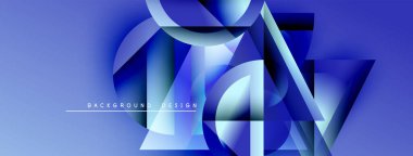 Soyut geometrik şekiller, mavi gradyanlar, modern tasarım. Dinamik çizgilerle minimalist kompozisyon, uygun arkaplan dokusu.