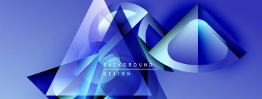 Soyut geometrik şekiller çakışıyor, dinamik mavi gradyanlar yaratıyor. Modern tasarım öğeleri teknoloji, yenilik, gelecek kavramları önerir.