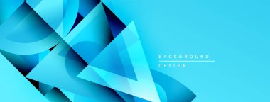 Soyut geometrik şekiller, canlı mavi renkler, modern tasarım. Üst üste binen katmanlar dinamik görsel doku yaratır. Temiz, minimalist estetik.