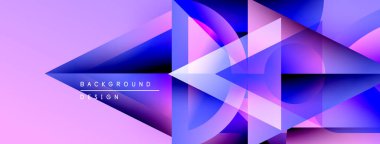 Soyut geometrik şekiller örtüşüyor, canlı mor ve mavi renkler yaratıyor. Tasarım özellikleri katmanlı üçgenler, pürüzsüz geçişler. Modern estetik.