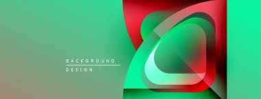 Soyut tasarım canlı yeşil, kırmızı gradyanlar içerir. Üst üste binen şekiller dinamik görsel efekt yaratır. Modern arkaplan dokusu.