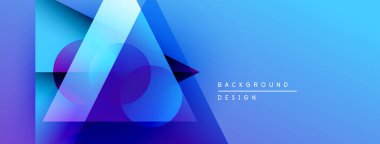 Soyut geometrik şekiller örtüşerek canlı mavi gradyan arkaplan oluşturur. Modern tasarım elementleri teknoloji ve yenilik öneriyor.