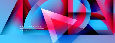 Soyut geometrik şekiller örtüşür, parlak mavi, pembe ve mor renkler yaratır. Arkaplan ve sunumlar için modern tasarım ögesi.