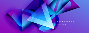 Soyut geometrik şekiller örtüşüyor, canlı mor ve mavi renkler yaratıyor. Modern tasarım teknoloji, yenilik, dinamik enerji öneriyor.