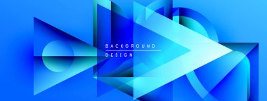 Soyut mavi geometrik şekiller dinamik arkaplan yaratır. Üst üste binen katmanlar derinlik ve modern tasarım estetiğini gösteriyor..