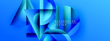 Soyut mavi tasarım katmanlı geometrik şekiller içerir. Renkler derinlik yaratır, modern estetik. Metin arkaplan tasarımı okur.