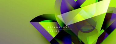Soyut enerjik tasarım. Geometrik şekiller örtüşür, dinamik görsel efekt yaratır. Yeşil, mor, sarı renkler kompozisyona hakim. Modern arkaplan.