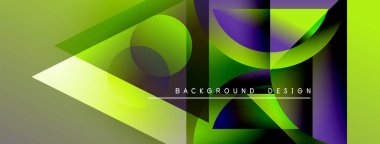 Soyut geometrik şekiller örtüşür, canlı gradyanlar yaratır. Yeşil, mor renkler tasarıma egemen, modern estetik. Metin arkaplan tasarımı okur.