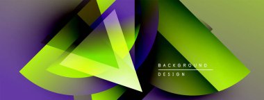 Soyut geometrik şekiller örtüşür, canlı gradyanlar yaratır. Mor, yeşil renkler tasarıma egemen, modern estetik.