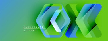 Soyut geometrik şekiller örtüşür, canlı bir değişim etkisi yaratır. Mavi, yeşil renkler tasarıma egemen, modern estetik.