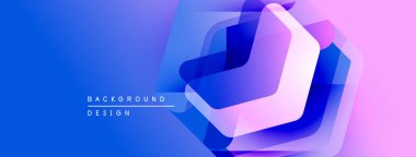 Soyut geometrik şekiller örtüşür, parlak mavi ve mor renkler yaratır. Modern tasarım elementleri teknoloji ve yenilik öneriyor.