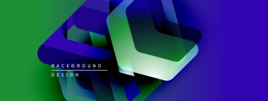 Soyut geometrik şekiller örtüşüyor, canlı yeşil, mavi renkler yaratıyor. Modern tasarım elementleri dinamik bileşimi önerir.