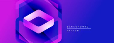 Soyut geometrik tasarım. Canlı mor, mavi renkler katmanlı altıgen şekli yaratır. Dijital projeler için modern arkaplan.
