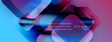 Soyut geometrik şekiller örtüşür, parlak mavi ve mor renkler yaratır. Modern tasarım elementleri teknoloji ve yenilik öneriyor.