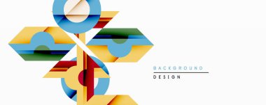 Soyut geometrik bileşim. Üst üste binen şekiller dinamik görsel efekt yaratır. Parlak renkler, temiz çizgiler modern tasarımı tanımlar. Minimalist estetik, uygun arkaplan ögesi.