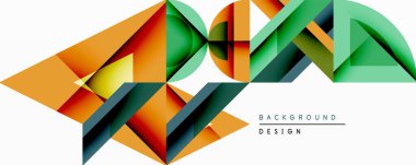 Soyut geometrik şekiller örtüşür, dinamik bileşim yaratır. Canlı turuncu, yeşil, sarı, koyu mavi renkler kusursuz bir şekilde harmanlanır. Arka planlar için modern tasarım ögesi.