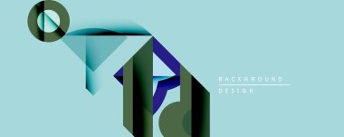 Soyut geometrik tasarım üst üste binen şekiller, gradyanlar. Mavi, yeşil, koyu renkler modern estetik yaratıyor. Minimalist kompozisyon arka planlara, sunumlara uyuyor.