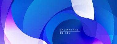Soyut sıvı şekilleri, mavi mor gradyanlar. Modern tasarım, düz kıvrımlar, dinamik kompozisyon. Minimalist estetik, canlı renkler.