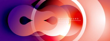 Soyut sıvı şekiller, gradyanlar, canlı renkler modern arka plan oluşturur. Üst üste binen daireler, düz geçişler tasarımı tanımlar.