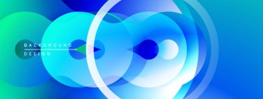 Soyut sıvı şekiller, canlı mavi renkler, dairesel katmanlar modern arkaplan tasarımı yaratır. Yumuşak eğimler, dinamik bileşimler.