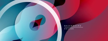 Soyut tasarım katmanlı daireler, akışkan şekiller. Renkler arasında mavi, kırmızı, mor gradyanlar var. Modern estetik, temiz çizgiler.