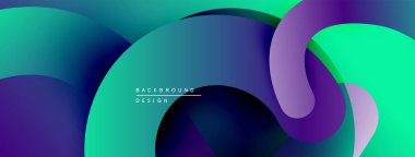 Soyut sıvı şekilleri örtüşür ve canlı bir arkaplan oluşturur. Modern tasarım havalı maviler, yeşiller, morlar kullanır. Yumuşak geçişler kompozisyona hakim..