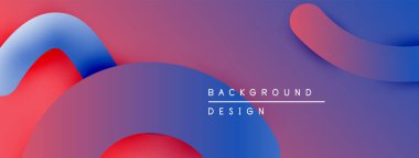 Soyut sıvı şekilleri örtüşür, dinamik görsel etki yaratır. Kırmızı, mavi, mor renkler kompozisyona hakim. Minimalist metin mevcut.