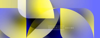 Soyut geometrik şekiller örtüşüyor, canlı renk eğimleri yaratıyor. Mavi, sarı baskın kompozisyon. Modern tasarım ögesi.