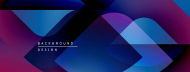 Soyut geometrik şekiller örtüşüyor, canlı mor ve mavi renkler yaratıyor. Modern tasarım elementleri teknoloji ve yenilik öneriyor.
