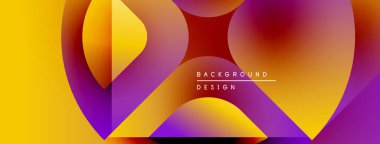 Soyut renkli şekiller örtüşür, dinamik görsel efekt yaratır. Sarı, mor, kırmızı renkler kompozisyona hakim. Modern tasarım ögesi.