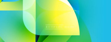 Soyut geometrik tasarım. Canlı gradyanlar sarı, yeşil ve mavi renkleri harmanlarlar. Üst üste binen şekiller dinamik bileşim yaratır. Modern estetik.