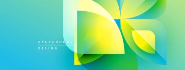 Soyut geometrik şekiller örtüşür, canlı bir değişim etkisi yaratır. Mavi sarıya geçiş, yeşil renkler kompozisyona hakim. Modern tasarım ögesi.