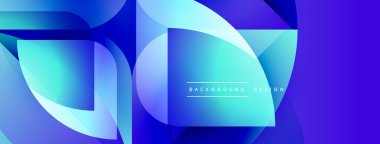 Soyut geometrik şekiller, mavi gradyanlar, modern tasarım. Üst üste binen katmanlar derinlik yaratır, canlı bir görsel etki. Arkaplan ögeleri mevcut.