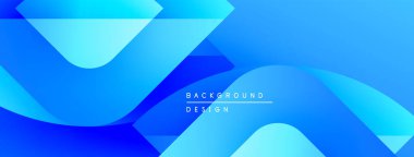 Soyut mavi arkaplan. Üst üste binen şekiller dinamik akış yaratır, modern tasarım elementleri mevcuttur. Yumuşak gradyanlar görsel ilgi sunar.