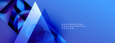 Soyut mavi geometrik şekiller kesişir. Gradyan arka plan derinlik yaratır, modern tasarım estetik. Metin arkaplan tasarımı okur.