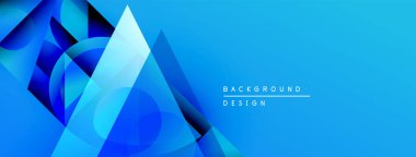 Soyut mavi geometrik şekiller kesişir. Dereceli gölgeler derinlik, modern görsel cazibe yaratır. Metin arkaplan tasarımı okur.