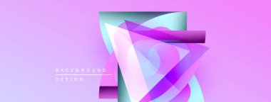 Soyut geometrik şekiller örtüşüyor, canlı mor, pembe renkler yaratıyor. Arkaplan gradyan, modern tasarım elementleri.