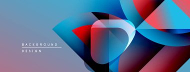 Soyut geometrik şekiller örtüşüyor, canlı mavi, kırmızı, mor renkler yaratıyor. Modern tasarım elementleri dinamik hareket, doku önerir.