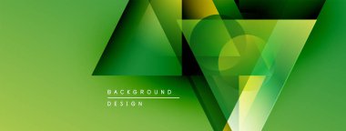 Soyut geometrik tasarım. Yeşil gradyanlar dinamik şekiller, daireler, üçgenler yaratır. Sunumlar ve markalaşma için modern arkaplan.