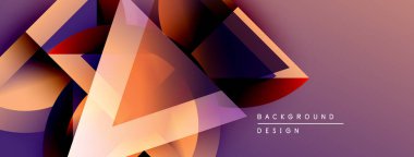 Soyut geometrik şekiller örtüşüyor, dinamik mor, turuncu gradyanlar yaratıyor. Modern tasarım teknoloji, yenilik, görsel ilgi öneriyor.