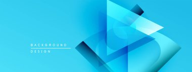 Soyut mavi tasarım, üst üste binen geometrik şekiller. Gradyan etkisi derinlik yaratır, modern estetik. Minimalist kompozisyon, canlı renkler.
