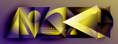 Soyut geometrik şekiller, canlı renkler, mor, sarı renkler. Modern tasarım ögesi, koyu arkaplan karşıtlık yaratır.