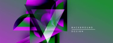 Soyut geometrik şekiller örtüşüyor, canlı mor ve yeşil renkler yaratıyor. Modern tasarım elementleri dinamik görsel deneyim önerir.