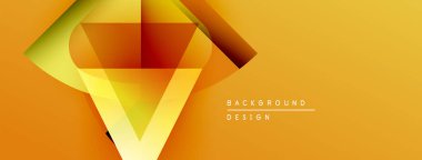 Soyut geometrik şekiller canlı turuncu arkaplan oluşturur. Tasarım özellikleri katmanlı üçgenler, gradyanlar, modern estetik.